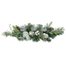 35182598 32inch Green Frosted Pine Triple Candle Holder With Christmas Ornaments