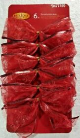 0477495 6 Holiday Decorative Red Bows Wire Edge Glitter Accents Metallic Christmas