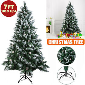 7ft Artificial Flocked Christmas Tree Home Xmas Decor With Pine Cone Metal Stand