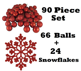 90 Piece Red Shatterproof Christmas Ornaments Set Balls And Snowflakes