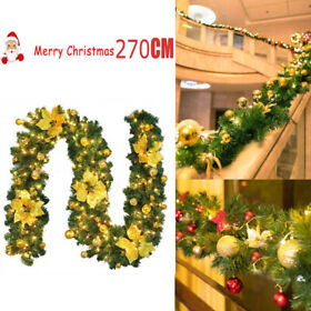 9ft Christmas Garland With Led Lights Wreath Ornament Home Fireplace Stair Decor