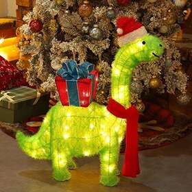 W27anh Abundant Resource Development Ltd Lighted Christmas Green Dinosaur With Gift Box Decorations 27 Inch Pre-lit