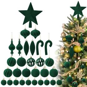 Acostop-30pcs-green-xmas-ball Acostop Green Velvet Star Tree Topper And Ornaments Set For Christmas Decorations