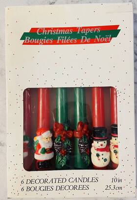 Action Industries 033274214453 1988 Christmas Tapers Candles In Box 6 Sculpted Santa Snowman Holly