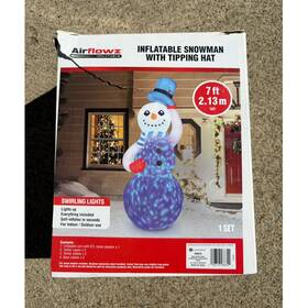 28834 Airflowz Inflatable Snowman Tipping Hat 7 Ft Christmas Yard Decor White Blue Red