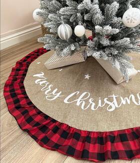 Aiseno 613464992271 48 Inch Christmas Tree Skirt Linen Burlap Buffalo Plaid Edge Decoration F