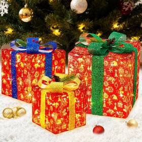 Clb005 Alhakin Set Of 3 Christmas Lighted Gift Boxes Pre-lit Led Light Up Present Ch