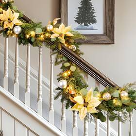 Alupssuc 977587645419 6ft Prelit Christmas Garland Multi-color Lights Gold With Balls And Flowers
