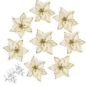 Amajoy 754047286605 12pcs Glitter Poinsettia Christmas Tree 5.5 Inch Diameter Gold