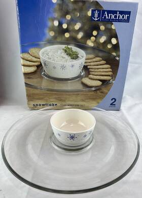 Anchor Hocking 076440865776 Snowflake 2pc Chip And Dip Set Stoneware Glass Christmas