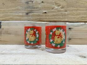 Anchor Hocking 076440895964 Vintage Ambassador Red Holiday Christmas Cat Shot Glass Candle Holders