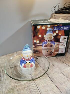 Anchor Hocking 076440897401 Snowman Christmas Holiday Serveware Decor 3n1 Platter With Box