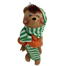 631401 Annalee Mobilitee Dolls Inc Vintage Christmas Bear 10 Inch Gloves Hat Green Stripe Scarf