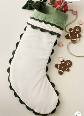 90260746 Anthropologie Annabelle Velvet Stocking Christmas Holiday Ivory/green Ricrac Bow