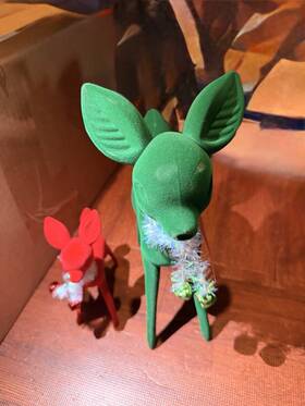 193266 Ashland Flocked Deer Figurines Red Green - Christmas Tabletop Decor Lot Of 3