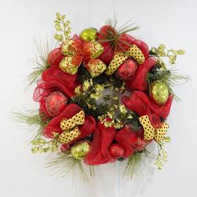 93010 Barton 35 Inch Christmas Hanging Garland Wreath Ornaments Leaf Bow Ribbon Door Gold/red