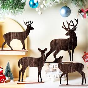 Sij-barydat-372 Barydat 4 Pcs Christmas Table Decorations Wooden Pine Trees Reindeer Brown