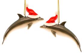 89-4030 Beachcombers Dolphin With Santa Hat Christmas Holiday Ornaments Set Of 2