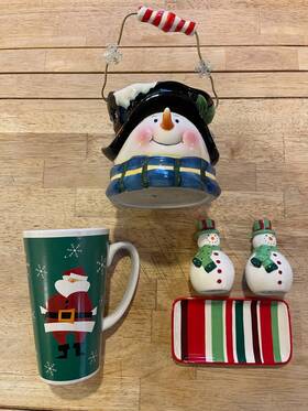 Bella Casa 065810295787 Christmas Ceramic Lot - Snowman Tea Light Pail Santa Mug Salt And Pepper Shakers