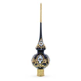 Bbb-426 Bestpysanky Elegant Black And Gold Filigree Design Glass Christmas Tree Topper 11 Inches
