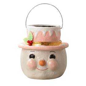 Bethany Lowe Ka4114 Pastel Holly Hat Snowman Lg Decorative Christmas Bucket