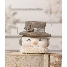 Tl0225 Bethany Lowe Christmas Happy Platinum Snowman Paper Mache Medium Bucket