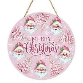 Bol-372 Bolisom Merry Christmas Pink Santa Claus Front Door Sign Xmas Tree Snowflake Wood