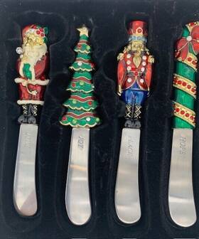 4303460 Bombay Set Of 4 Enamel And Crystal Christmas Spreaders Pate Cheese Butter New Nib