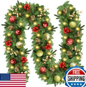 B0fh4n6z77 Boopnew 9ft Prelit Christmas Garland With Lights Battery Operated Pine Cones And Berries