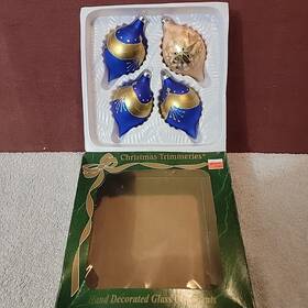Bradford 045484138351 4 Christmas Trimmeries By Hand Decorated Glass Ornaments Blue And Gold