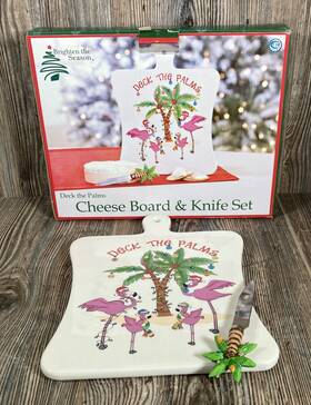 Brighten The Season 300879612138 Pink Flamingos Christmas Cheese Board And Knife Set Earthenware Deck Palms