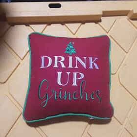 812152395 C & F Enterprises Drink Up Grinches Red Christmas Holiday Accent Throw Pillow 9 Inches