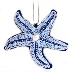 Orn71386 C & F Enterprises Coastal Blue And White Beaded Starfish 6 Inch Fabric Christmas Holiday Ornament