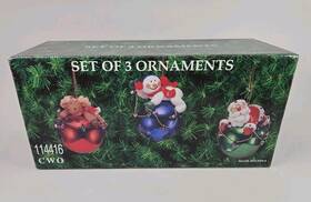 114416 C W O Cwo Christmas Ornaments Santa On Green Snowman Blue Reindeer Red Set Of 3