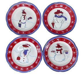 Canterbury Potteries 744076030348 Christmas Red Hat Society Set 4 Plates Snowmen Tea Party