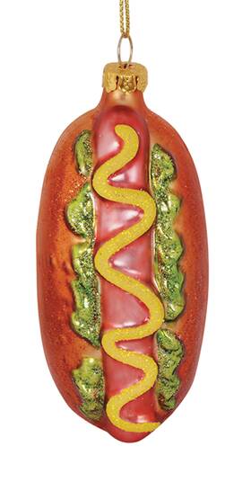 852-61 Cape Shore Hot Dog On Bun Relish Mustard Blown Glass Christmas Holiday Ornament