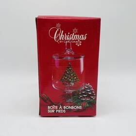 3327763226 Carlton/action Industries Christmas Tree Clear Glass Footed Candy Jar By Usa Vintage 1985