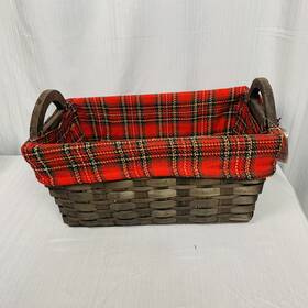 Celebrate It 886946969843 Christmas Wood Basket With Handles And Plaid Print 12.5 Inch 7 X6.75