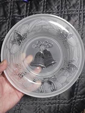 312638 Celebrations Christmas Candy Dish Frosted Glass 8 Inch Greetings Plate With Bells. Vintage