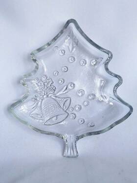 312671 Celebrations Glass Christmas Tree Shaped Tray Candy Dish Plate Bells 7.5