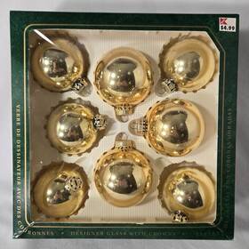 0-545151-110 Christmas By Krebs Vintage Glass Ornaments Set Of 8 Gold Ball Crown Usa 2.64in Rare