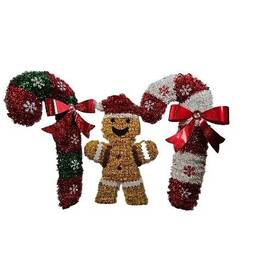 12716 Christmas House Candy Canes Gingerbread Man Hanger Tinsel Decoration Set Of 3 Holiday