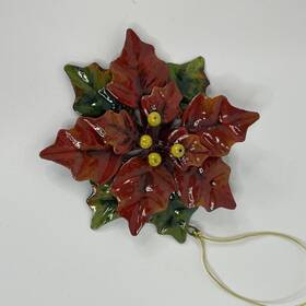 227703 Christmas House Metal Poinsettia Painted And Glazed Ornament Red Yellow Green