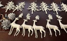 Christmas House 639277311115 Lot Of 12 Ornaments Reindeer And Xmas Trees Vintage White Glitter