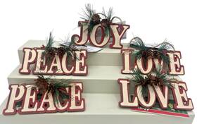 Christmas House 639277581167 5 Ornaments Wood Sign Peace Love Joy W Evergreen Pinecones New