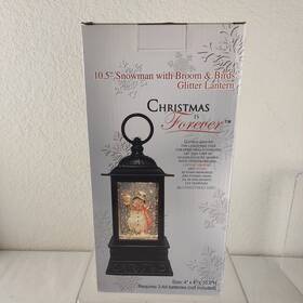 73648-c Christmas Is Forever 10.5 Inch Snowman Broom Birds Glitter Lantern Globe Lighted New