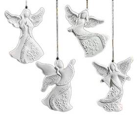 Christmas Ornaments 786032106599 Glitter White Porcelain Guardian Angel Tree Set Of 4 Ass