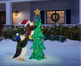 Tree-3975 Christmas Outdoor Yard Decoration 62inch Lit Xmas Tree Penguin 160 Lights Holiday