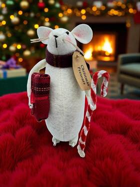 90157-ih Christmas Plus More Primitive Presents Mouse Doll Shelf Sitter 6 Inch White Fabric Candy Cane