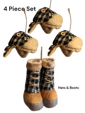 70890016 Christmas Shoppe 4 Farmhouse Ornaments Cabin Moutain Black And White Buffalo Plaid